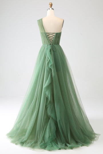 Dark Green A-Line Tulle One-Shoulder Long Prom Dress with Slit